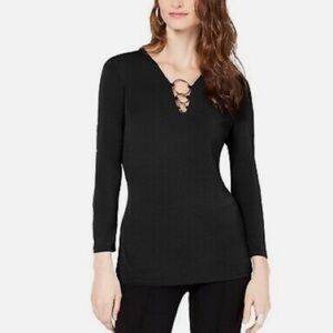 3/$25 INC INTERNATIONAL CONCEPTS Black O-Ring V-Neck Top Size Small